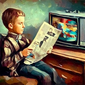 Jongentje leest de televisiegids TotaalTV gids aanbieding voor een oude Televisie.