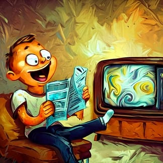 Mikrogids aanbieding, een jongentje zit voor de televisie de tv-gids Mikrogids te lezen. Leuke aanbiedingen. In de style van van gogh getekend.
