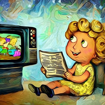 NCRV Televisiegids aanbiedingen, meisje dat met een NCRV-gids aanbieding naar de televisie kijkt in olie painting met van gogh style