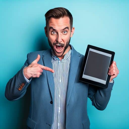 een man die zijn cadeau een gratis tablet vast houdt in zijn linker hand omdat hij deze tabket gratis cadeau heeft gekregen bij een abonnement aanschaf.