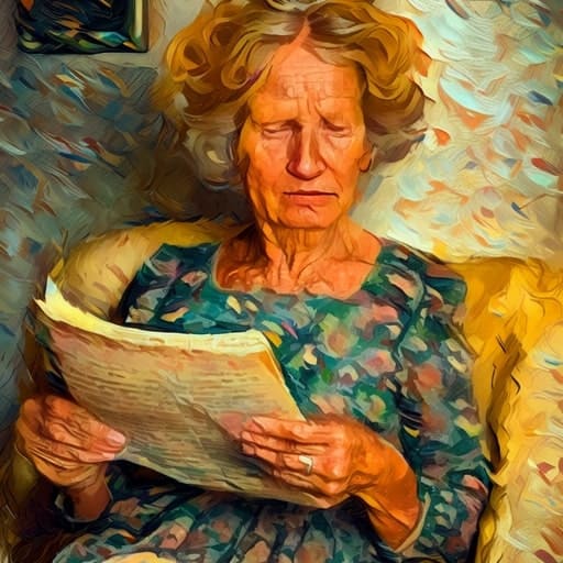 Friesch Dagblad Proefabonnementen. Een oudere vrouw die Friesch Dagblad aan het lezen is. Van gogh style tekening.