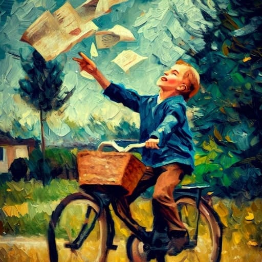 Kranten jongen die Het Parool op de fiets bezorgd en in de voortuin gooit. Style van het Plaatje in van Gogh style getekend.