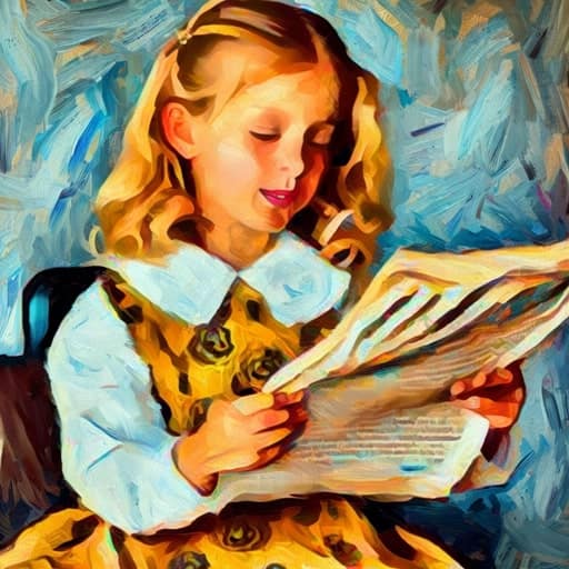 Volkskrant proef abonnement meisje dat de Volkskrant aan het lezen is. Sluit vandaag nog een proefabonnement af voor deze geweldige aanbieding! Plaatje geschilderd in Van Gogh style.