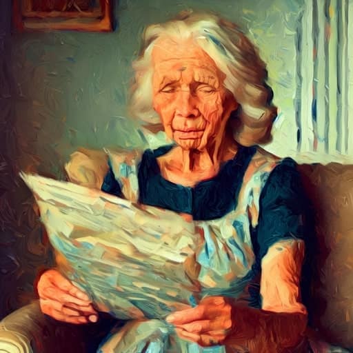 Oude vrouw in van Gogh Style plaatje die een proefabonnement op de krant aan het lezen is.
